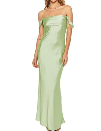 Image of Realtix Elegant Satin Off The Shoulder Ruched Backless Maxi Dress for Women Strapless Tube Sleeveless Bridesmaid Dresses, Sage, S