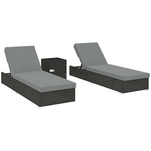 Image of Outsunny Rattan Sun Loungers for Garden Set of 2 with Side Table, Garden Recliner Sunbeds with Adjustable Back, Cushions, Protective Cover, 3 Pieces Garden Furniture Set for Outdoor Patio, Dark Grey