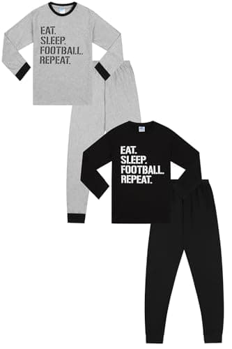 Image of ThePyjamaFactory Eat Sleep Football Repeat Long Black Grey 2 Pack Boys Pyjamas PJs For Kids (6-7 Years)