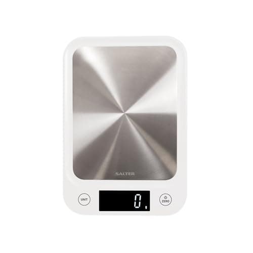 Image of Salter 1105 SSWHDR Stainless Steel Electronic Scale - 5 KG Capacity, Large Platform Digital, Slim Design, Easy to Clean, Backlit Display, Tare Function, Accurate Readings, Batteries Included, White