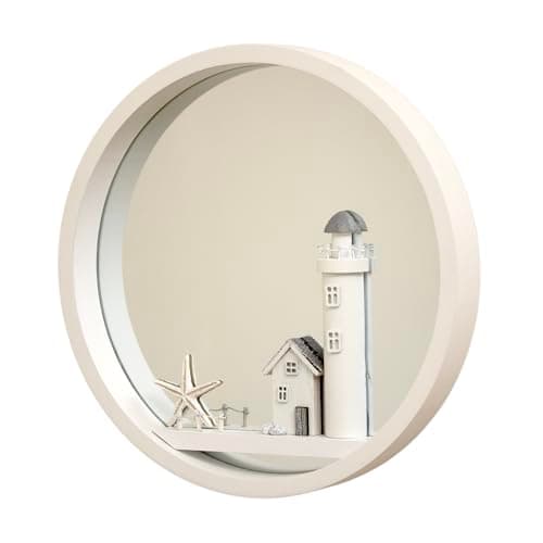 Image of Darthome White Lighthouse Wall Mirror 30x30cm Round Wood Nautical Coastal House Bathroom Decor