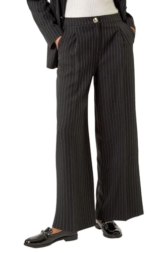 Image of Roman Originals Pinstripe Wide Leg Trousers for Women UK - Ladies Everyday Autumn Winter Comfy Soft Evening Vacation Work Party Night Out - Black - Size 18