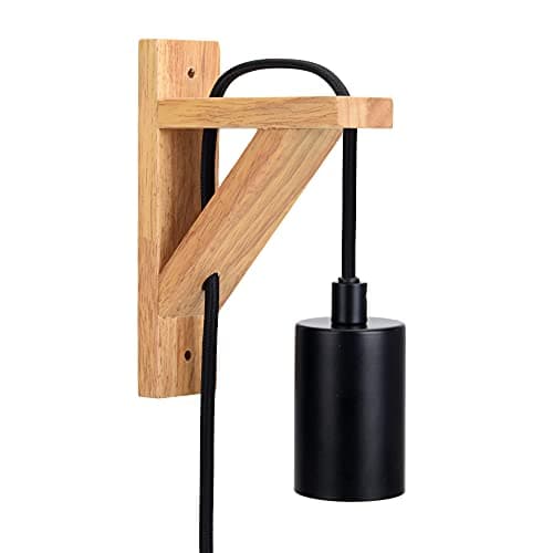 Image of SHINY STAR Vintage Wall Light, Wooden Sconce Indoor Light with Plug-in and Long Cable Black Braided Cable Light Fixtures E27 Bulb Base Wall Light for Living Room HT207WPB