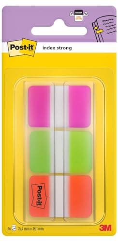 Image of Post-it Index Strong Filing Tabs, Medium, Assorted Colours, Pack of 1 Dispenser, 66 Tabs, 25.4 mm x 38.1 mm, Pink Green, Orange - Extra Strong Sticky Flags for Documents and Information
