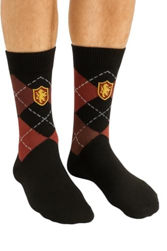 Image of Licensed Harry Potter Gryffindor Argyle Knitted Socks | Embroidered Gryffindor Crest | Unisex Size UK 6-11 | Premium Cotton Blend House Socks