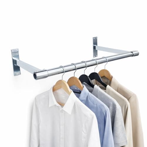 Image of 32mm Wall Mounted Clothes Rail Heavy Duty Chrome Garment Hanging Bar – Steel Clothing Display for Retail Shop, Stockroom & Home Wardrobe (3ft Tube + 2 Brackets)