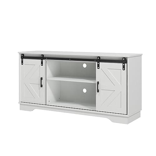 Image of Panana Wooden Sideboard Kitchen Cabinet Storage Cupboard with 2 Sliding Barn Doors TV Stand Farmhouse Style for Living Room (White)