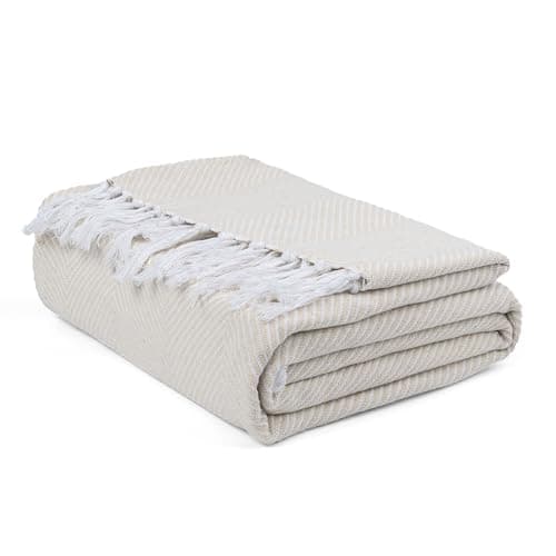 Image of EHC Herringbone Twill Throw, Handwoven Cotton Throws for Sofas Bed Sofa Settee Couch Reversible Bed Cover Over Blanket, Single 127 x 152cm, Ivory/Natural
