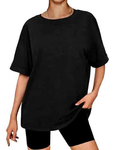 Image of Terecey Oversized Tshirt Women's Crew Neck Simple Half Sleeve Baseball Tee Casual Cotton Shirt Tunic Summer Basic Tops, Black S
