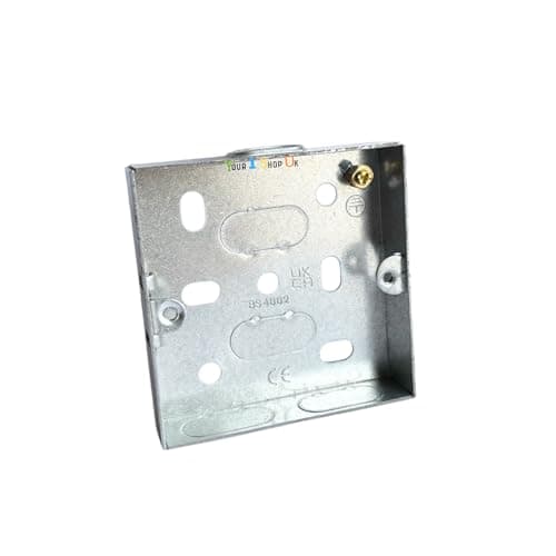 Image of 1 Gang 16mm Metal Pattress Box 1 Gang 16mm Metal Back Box BS4662 – Pre-Galvanised Steel Flush Switch & Socket Back Box with Adjustable Lug & Brass Earth Terminal