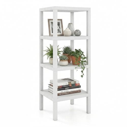Image of SFAREST 4-Tier Corner Bookshelf, Freestanding Display Rack Shelf Stand with Open Slatted Shelves, Narrow Ladder Storage Organizer Unit for Home Office Living Room Kitchen Bathroom (White, Rectangle)