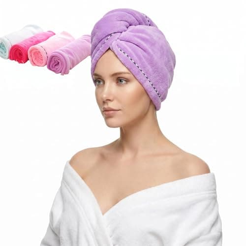 Image of CAIHONG Microfibre Hair Towel 4 Pack, Hair Turbans for Wet Hair with Button, Head Towels Wrap Super Absorbent for Women Curly, Long, Short Hair