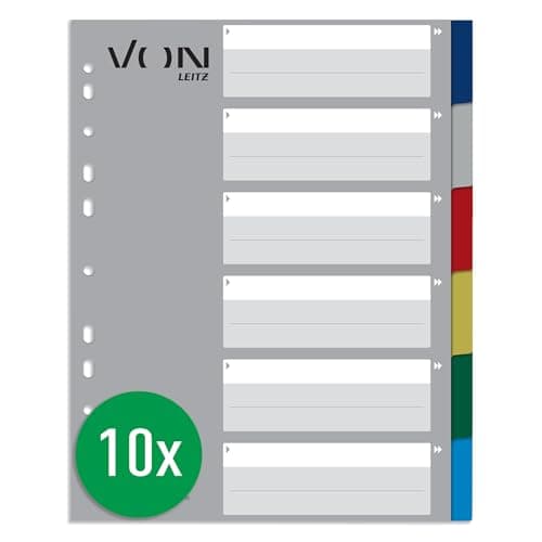 Image of VON Leitz Leitz 13050000 Pack of 10 6-Part Index A4 Blank Dividers for Folders, Polypropylene, Extra Wide, 11-Hole Universal Index for File Folders and Ring Binders, Multi-Colour, Pack of 10
