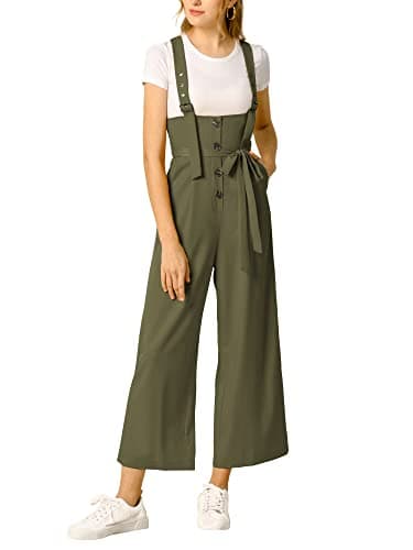 Image of Allegra K Women's High Waist Wide Leg Belted Jumpsuit Button Long Overalls Army Green XS