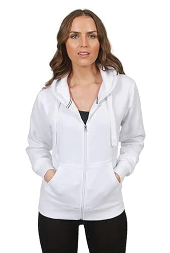 Image of New Womens Front Zip Up Hoodie Ladies Long Sleeve Plain Sweatshirt Fleece Hoody Hooded Jacket White Size 14