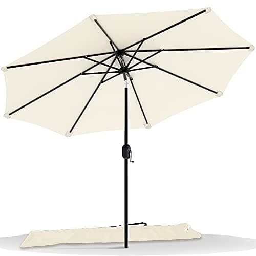 Image of VOUNOT 2.7m Garden Parasol, Outdoor Table Tilting Patio Parasol Umbrella, with Crank Handle, Protective Cover, 8 Sturdy Ribs, Beige