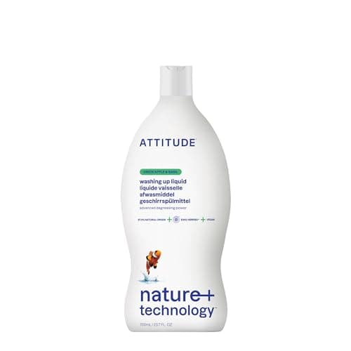 Image of ATTITUDE Washing Up Liquid, EWG Verified, Plant-Based & Vegan Dish Soap, Naturally Derived, Green Apple & Basil Scent, 700 mL