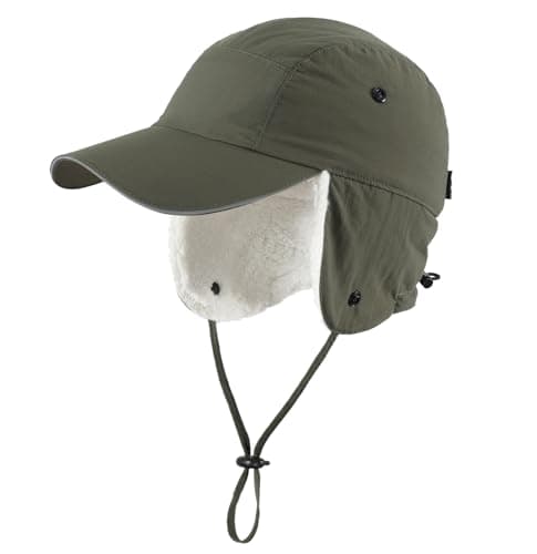 Image of Decentron Men's Winter Hat Sherpa-Lined Earflap Cap Water-Resistant Warm Cap Reflective Adjustable Sport Hat Army Green