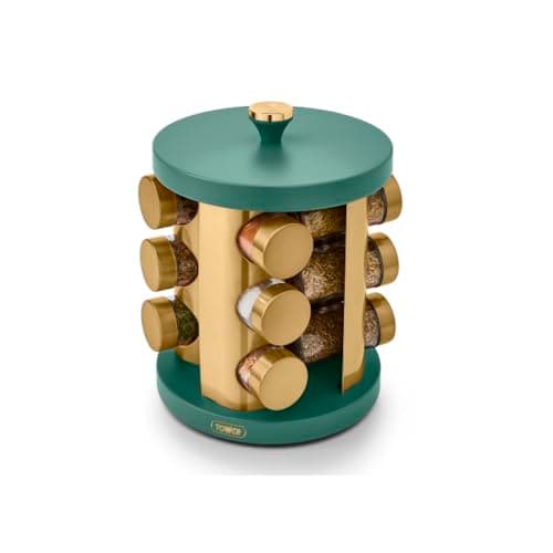 Image of Tower Cavaletto 12 Jar Rotating Spice Rack with Pre-Filled Spices, Jade and Rose Gold, 19cm x 19cm x 25cm