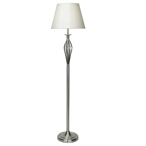 Image of Britalia Satin Chrome Vintage Open Metalwork Floor Lamp with Cream Faux Silk Tapered Drum Shade | 160cm Height | 1 x ES E27 Lamp Bulb Required | UK Approved | On Off Foot Switch