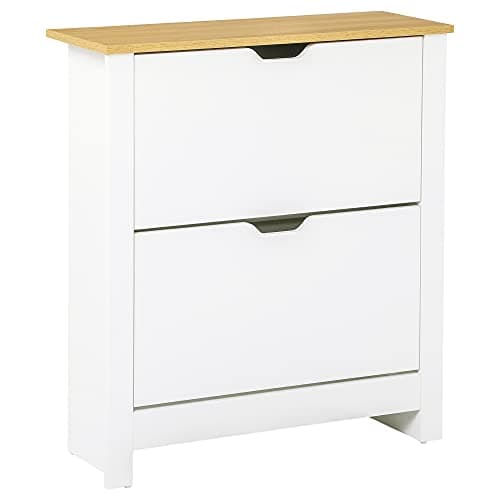 Image of HOMCOM Narrow Shoe Cabinet, Space Saving Shoe Storage Cabinet with 2 Flip Drawers and Adjustable Shelves for 6-12 Pairs of Shoes for Hallways and Living Room, White