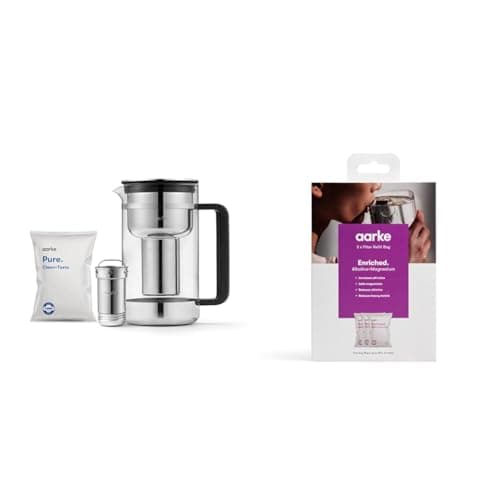 Image of Aarke Purifier Large, Water Filter Jug in Glass and Stainless Steel, 2.8L & 3-Pack Enriched Filter Refill Bags – Increases The pH Value, Adds Magnesium, Reduces Unwanted Tastes and Heavy Met