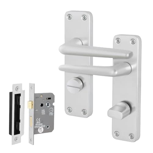 Image of EAI Satin Aluminium Door Handles and Lock 64mm Kit, Bathroom Handle on Backplate Contract Style Satin Finish - 154x41mm