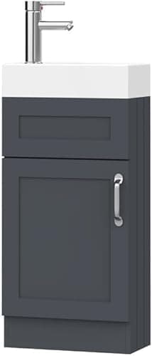 Image of BELOFAY 400mm Floor Standing Bathroom Vanity Unit With Basin - Slim Waterproof Laquered Cloakroom Vanity Unit with 1 Tap Hole Ceramic Basin & Waste | Reversible Tap Fitting (Crawley Grey)