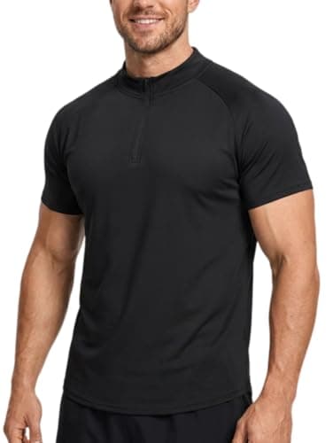 Image of X-thud Men Quarter Zip Pullover Tops Short Sleeve Slim Fit Mock Neck Stretchy Sports T-Shirt (UK, Alpha, M, Regular, Regular, Black)