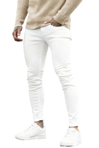 Image of GINGTTO Mens Jeans Skinny Stretch Slim Fit Denim Pants Tapered Leg for Men White 28 Waist 30 Leg