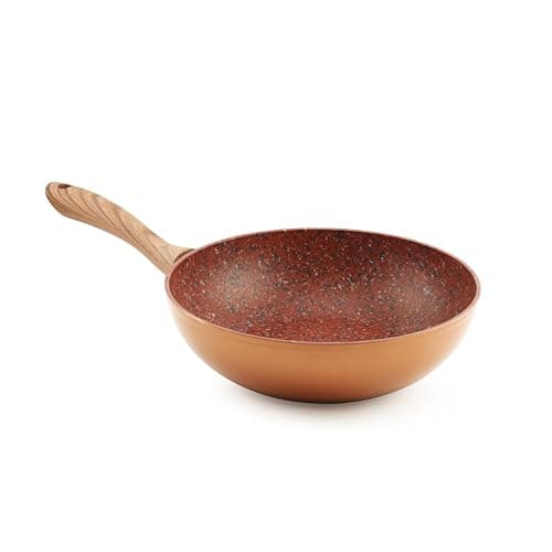 Image of JML Copper Stone Wok Non Stick - Durable 28cm Stainless Steel Wok with Aluminium Core, Suitable for Gas, Induction, Electric and Ceramic Hobs - Dynamic Heat Distribution and Wood-Effect Handle