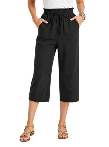 Image of Oyamiki Ladies Summer Trousers Capri Pants Flowy High Waisted Wide Leg 3/4 Length Trousers with Tie Belt Drawstring Black S