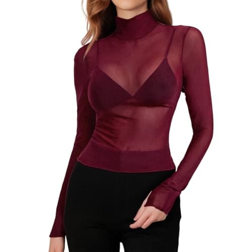 Image of Womens Mesh Long Sleeve Tops Turtleneck See Through Slim Fitted Blouse Sheer Going Out Club Party Fall Tee Shirts (Burgundy, M)