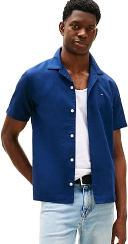Image of Tommy Hilfiger Men’s Short Sleeve Linen Blend Shirt, Blue (Carbon Navy), M
