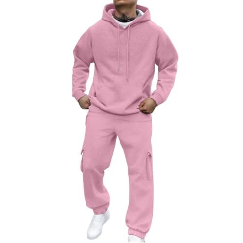 Image of Men's Hoodie & Cargo Joggers Set - 2-Piece Casual Tracksuit with Multi-Pocket Sweatpants and Soft Fleece for Sports Lounge(Pink, XXL)