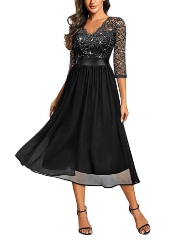 Image of MIUSOL Women's Retro V-Neck 3/4 Sleeves Sequin Lace Formal Business Cocktail Party Dress (XX-Large, Black)