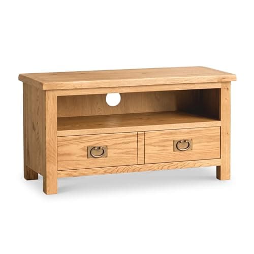 Image of RoselandFurniture Surrey Oak Small TV Unit | Traditional Rustic Waxed 90 cm Solid Wood Television Cabinet Stand Suitable for TVs up to 40 inches for Living Room or Bedroom, Fully Assembled