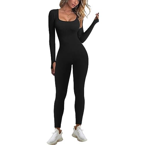 Image of JN JANPRINT Yoga Jumpsuit for women One Piece Ribbed Square Neck Overall Long Sleeve Bodycon Jumpsuit Sportwear Romper Playsuits