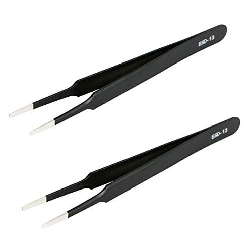 Image of Aoje-Link ESD-13 Professional Anti-Static Precision Technology Tweezers, Non-Magnetic Flat and Round, Stainless Steel Plastic Coated, Full Length 120mm, Black, 2pcs