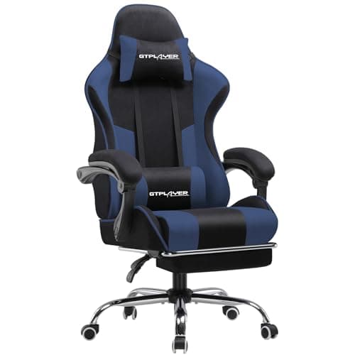 Image of GTPLAYER Fabric Gaming Chair, Massage Ergonomic Computer Chair with Footrest, Lumbar Support, Headrest, Height Adjustable Home Office Reclining PC Racing Chairs Blue
