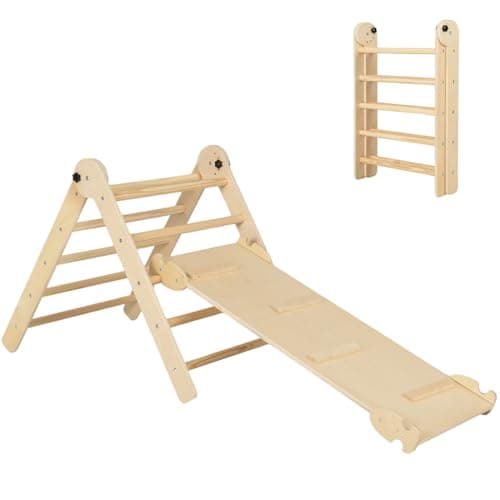 Image of Maxmass 4-in-1 Kids Climbing Frame, Foldable Toddlers Climbing Toy Set with Double-side Ramp, Indoor Wooden Montessori Triangle Climber Children Play Gym Set for 3+ Years Old (Natural)