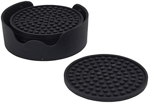 Image of Aidapt Black Non Slip Heat Proof Coasters Mat Round 12x12 cm for Coffee, Tea, Beer, Mug, Cup, Glasses on Tables, Counters, Cabinets. Set of 4 in a Holder