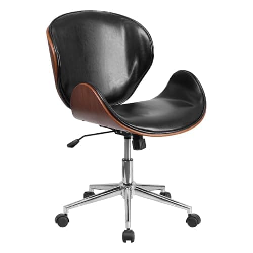 Image of FWStyle Mid Back Bentwood Office Chair – Walnut Wood Frame & Glossy Black LeatherSoft Upholstery – Swivel Adjustable Desk Chair with Tilt Lock Mechanism, Chrome Base & Dual Wheel Casters