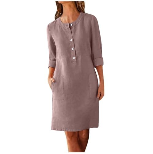 Image of Zeiayuas Linen Dresses for Women UK Italian Boho Dress Half Button Short Sleeve V Neck Midi Dresses with Pocket Ladies Plain Casual Swing Dress Loose Fit Pullover Beach Sundress Brown