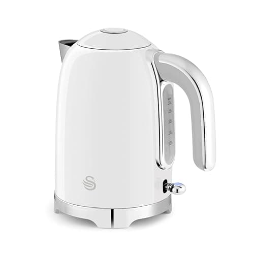 Image of Swan SK19026WHT Solace Cordless Kettle, Premium Stainless Steel with a High Gloss Finish, Fast Boil, 360-Degree Base, Removable Limescale Filter, 1.7 Litres, 3000W, White with Chrome Trim