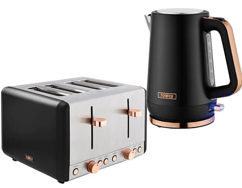 Image of Tower Cavaletto Black Kettle & Toaster Set – 1.7L 3KW Jug Kettle & 4 Slice Toaster – Rose Gold Accents, Matching Kitchen Appliances Bundle Set