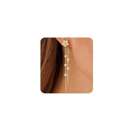 Image of MUMREUES Gold Earrings for Women Trendy 14k Gold Plated Cubic Zirconia Flower Dangle Earrings with Long Tassel Pearls, Hypoallergenic Jewelry Gifts for Her