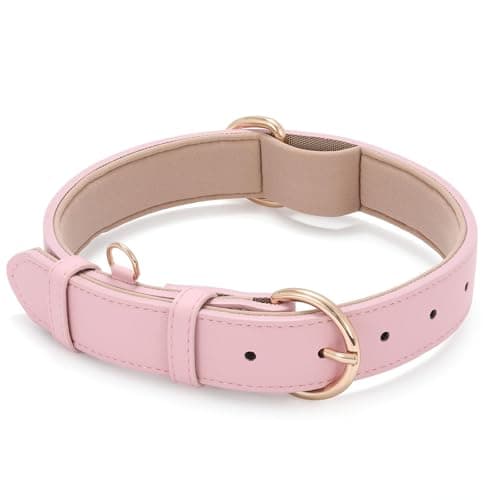 Image of WHIPPY Leather Dog Collar for Small Medium Large Dog Soft Breathable Adjustable Leather Padded Puppy Collar Heavy Duty Waterproof Dog Pet Collar Metal Buckle, Pink 22.44 Inches