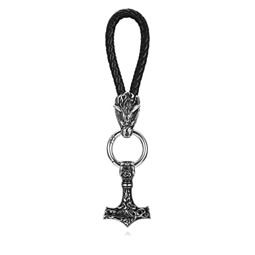 Image of PiercingJak Men Black Genuine Leather Norse Viking Thor's Hammer Keychain Stainless Steel Vintage Nordic Viking Mjolnir Key Rings Amulet Pendant Celtic Pagan Symbol Key Chain