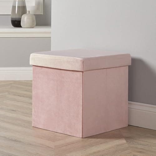 Image of Home Source Folding Ottoman, Velvet Fabric Storage Square Box, Blush Pink